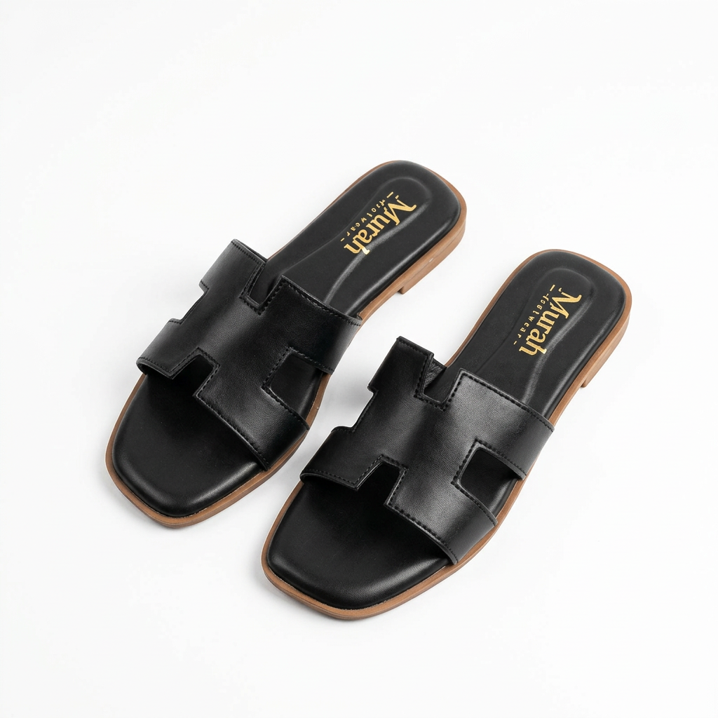 Black H-Strap Flat Slide Sandals