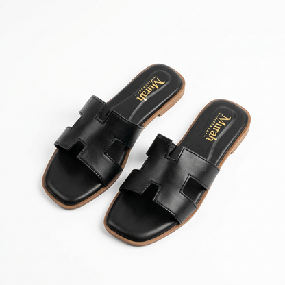 Black H-Strap Flat Slide Sandals