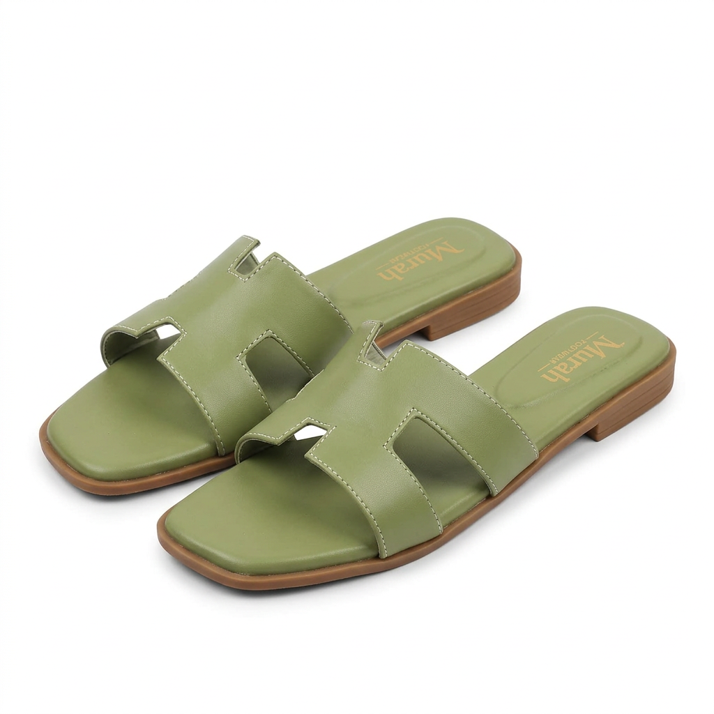 Olive Green H-Strap Flat Slide Sandals