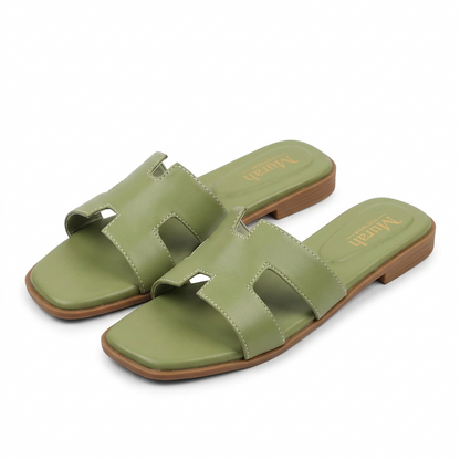 Olive Green H-Strap Flat Slide Sandals