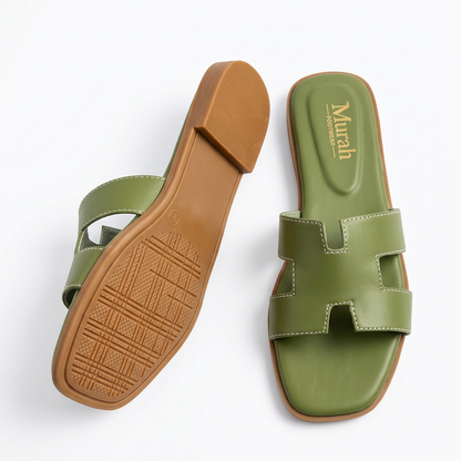 Olive Green H-Strap Flat Slide Sandals
