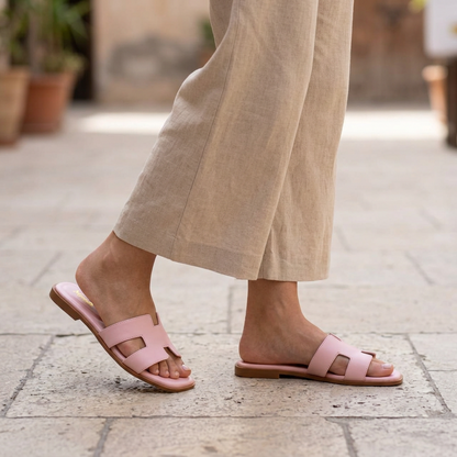 Pink H-Strap Flat Slide Sandals