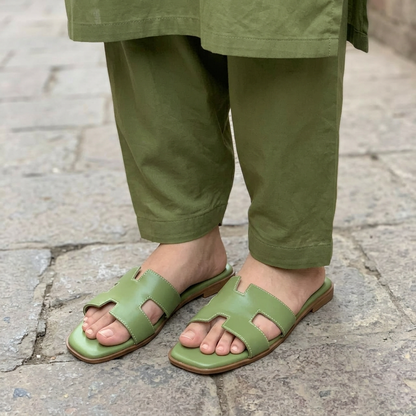 Olive Green H-Strap Flat Slide Sandals