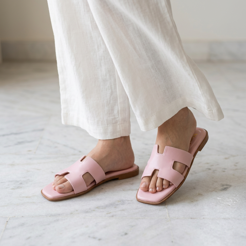 Pink H-Strap Flat Slide Sandals