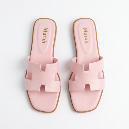 Pink H-Strap Flat Slide Sandals