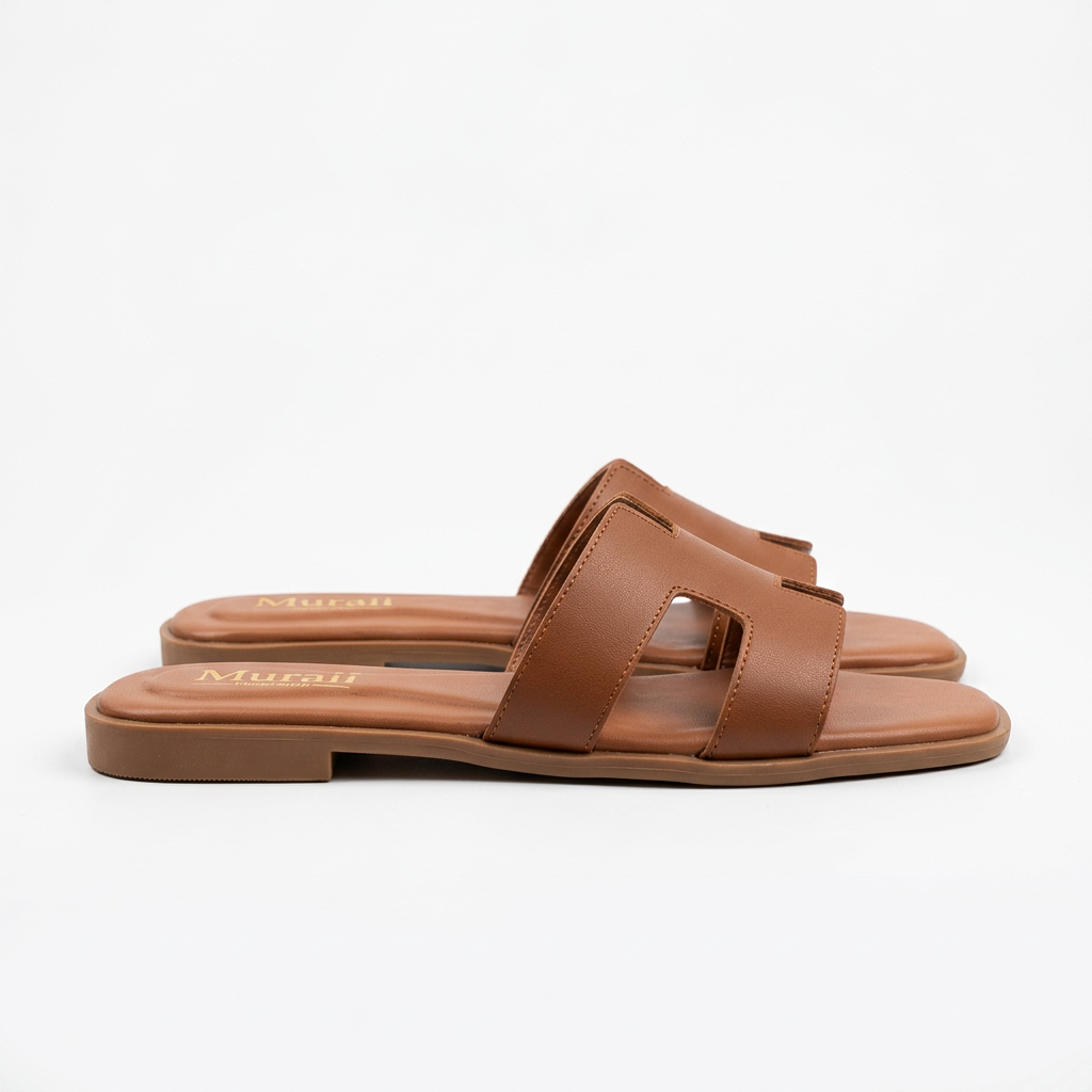 Brown H-Strap Flat Slide Sandals
