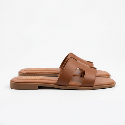 Brown H-Strap Flat Slide Sandals