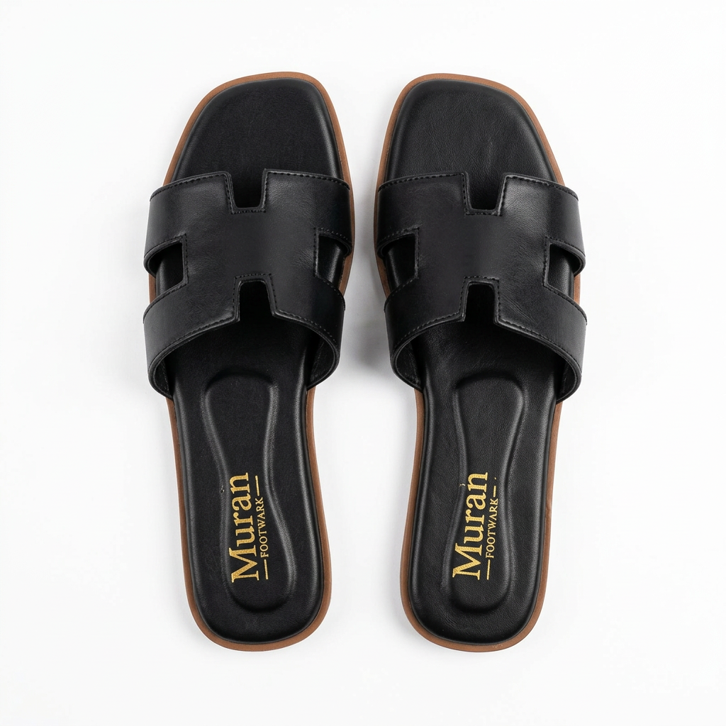 Black H-Strap Flat Slide Sandals