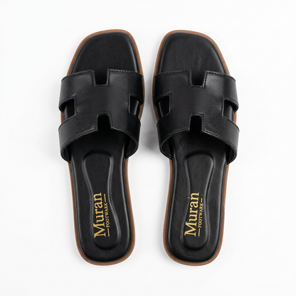 Black H-Strap Flat Slide Sandals