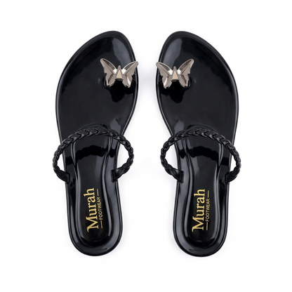 Black Butterfly Jelly Thong Sandals