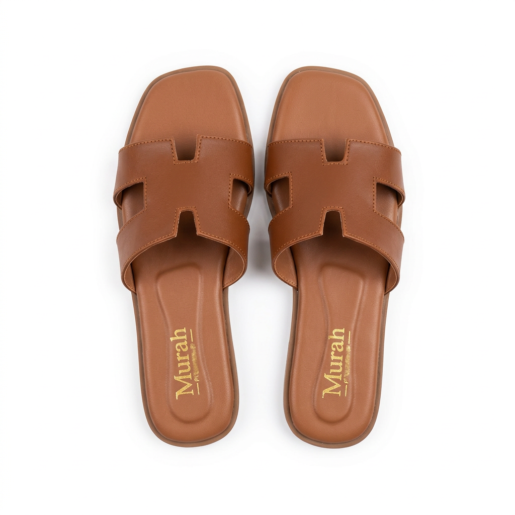 Brown H-Strap Flat Slide Sandals