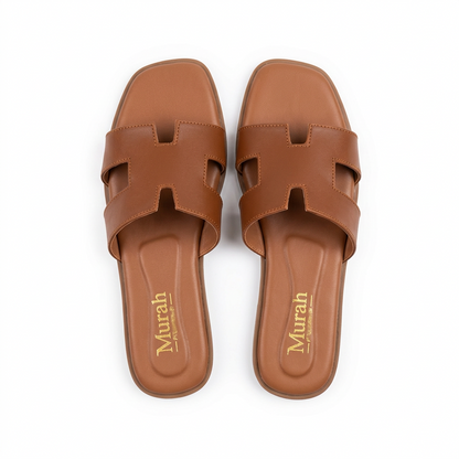 Brown H-Strap Flat Slide Sandals