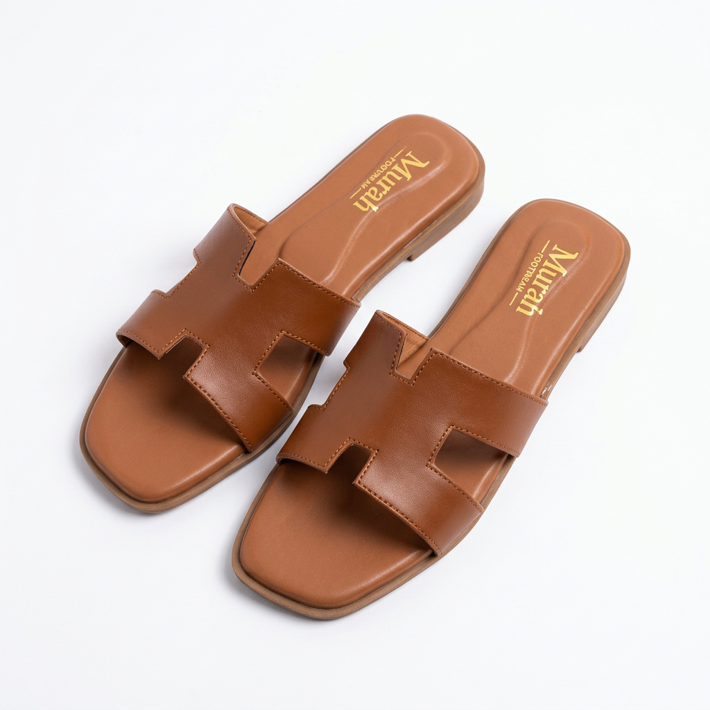 Brown H-Strap Flat Slide Sandals